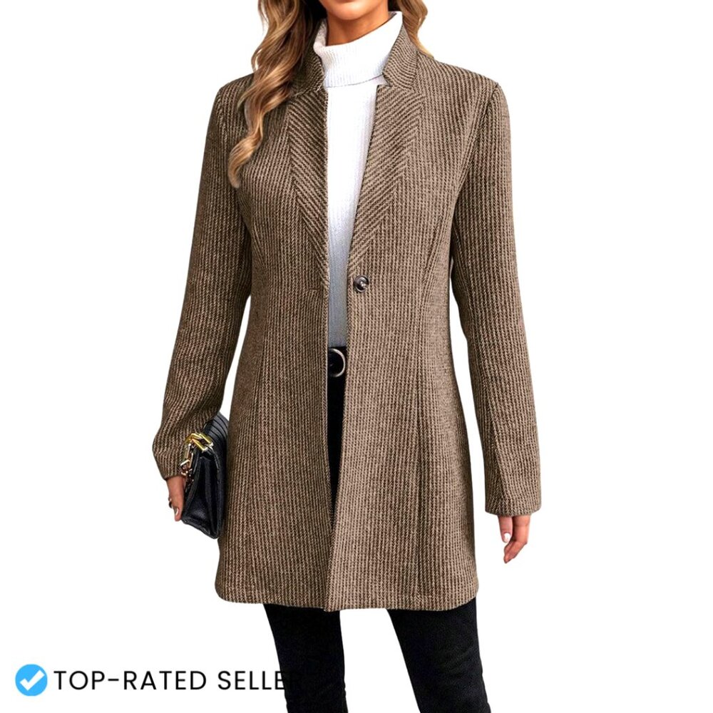 Long Sleeve Wool Blazer Coat Classic Elegant Slim Fit Open Front Overcoat